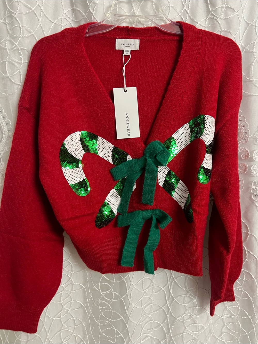 Red Cardigan Sweater with Green Sequin Candy Canes by Anniewear Size Small
